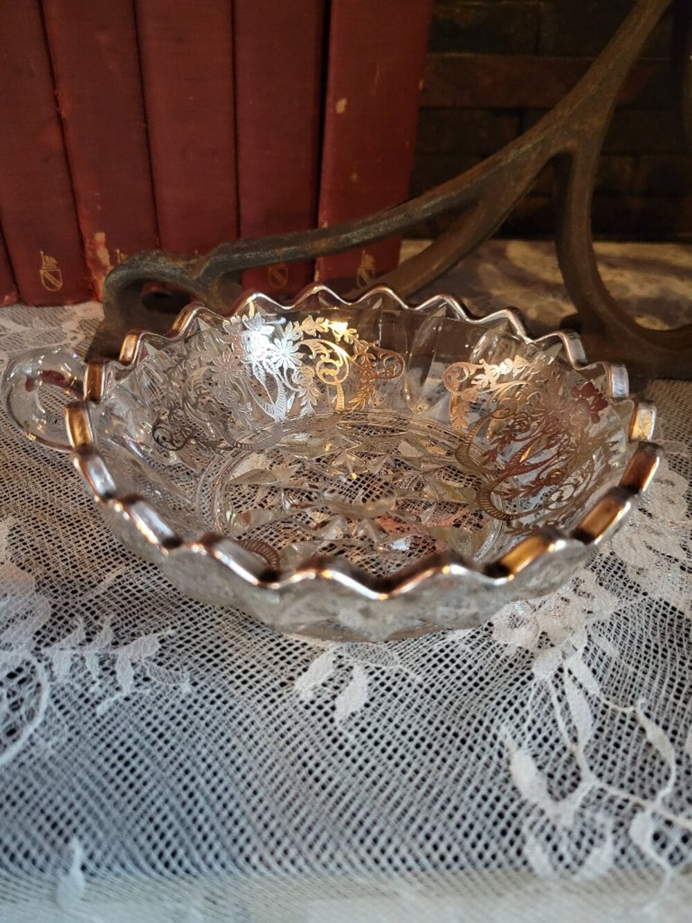 Vintage Silver City Sterling Silver Overlay Glass Handled Nappy Bowl Candy Dish